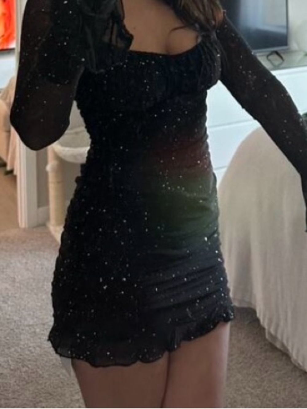 Homecoming Black Sparkle Mesh Ruched Mini Dress
